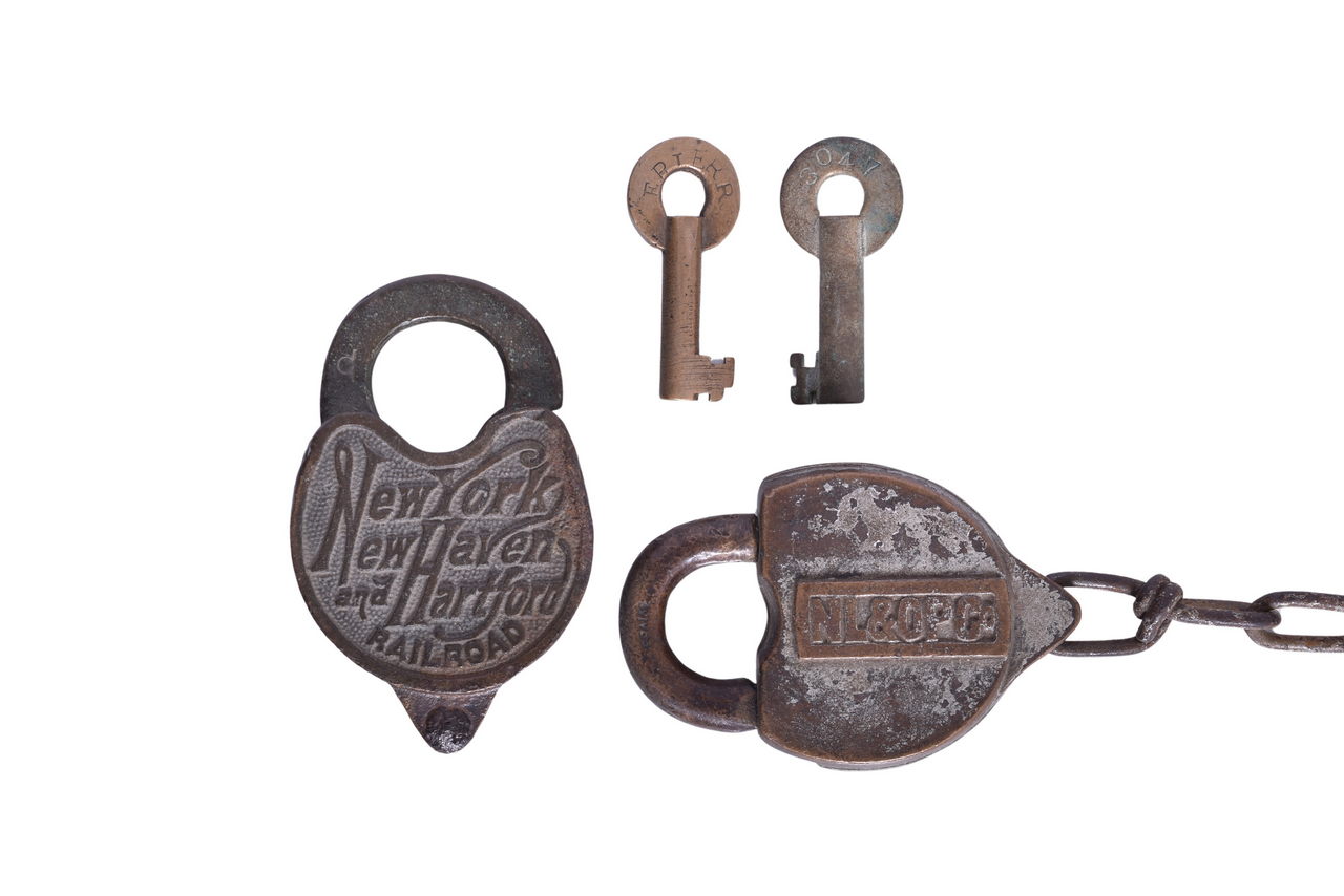 2283 - Four Northeast Railroad Brass Locks and Keys - NL&OP Co., New York New Haven & Hartford, Erie, and Delaware & Hudson thumbnail