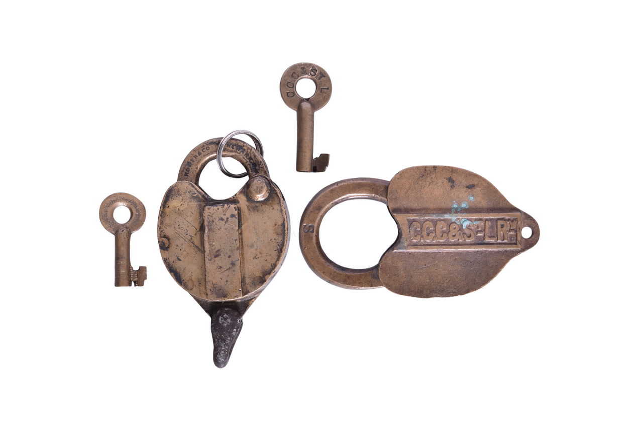2287 - Pair of Heart Shaped Brass Railroad Locks - Cleveland, Columbus, Cincinnati & Indianapolis and Big Four thumbnail