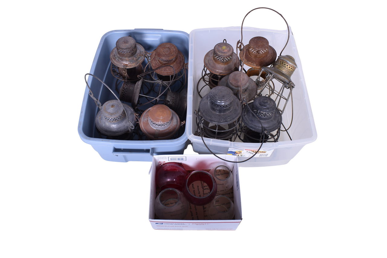 2306 - Lantern Parts Lot - Twelve Lanterns, Five Globes - New York Central, Santa Fe, Pennsylvania thumbnail