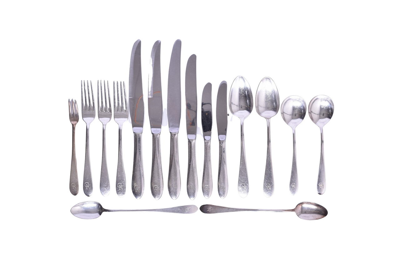 2329 - Sixteen Pieces of Great Northern Railroad Silver Flatware Hutton Demitasse Spoon, Iced Teaspoon, Cocktail Oyster Forks, Etc. thumbnail