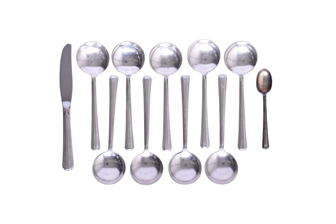 2331 - Eleven Pieces of Chicago, Milwaukee, St. Paul & Pacific Railroad Broadway Flatware - Demitasse Spoon, Knife, and Bouillon Soup Spoons thumbnail