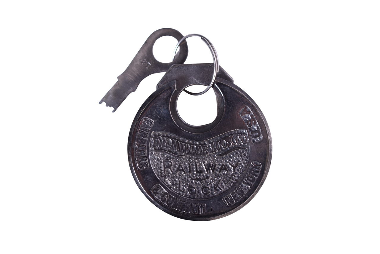 2529 - Early 1873 D.K. Miller Lick Co. Railway Six Lever Brass Pancake Lock w/ Key thumbnail