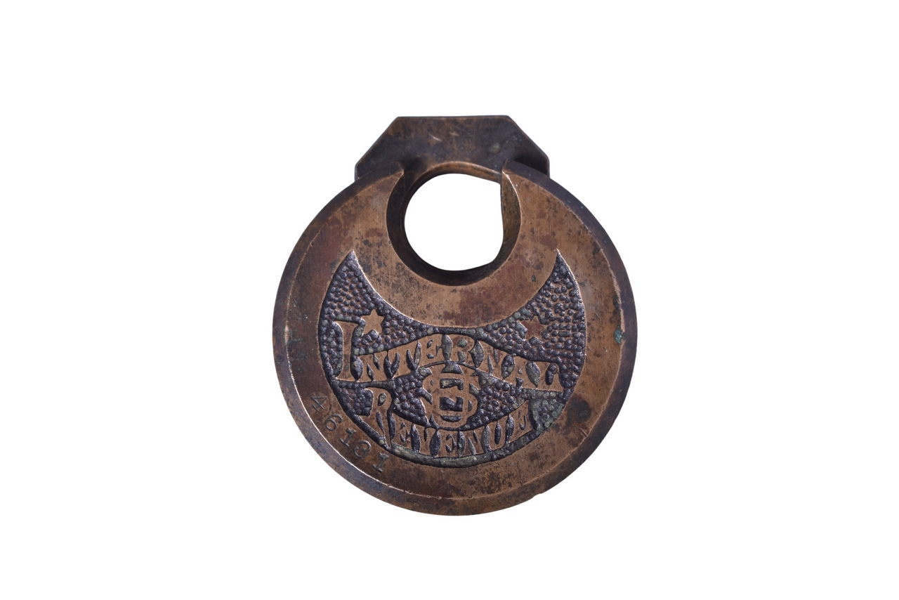 2535 - US Internal Revenue Service Six Lever Brass Pancake Lock w/ Serial Number 46131 thumbnail