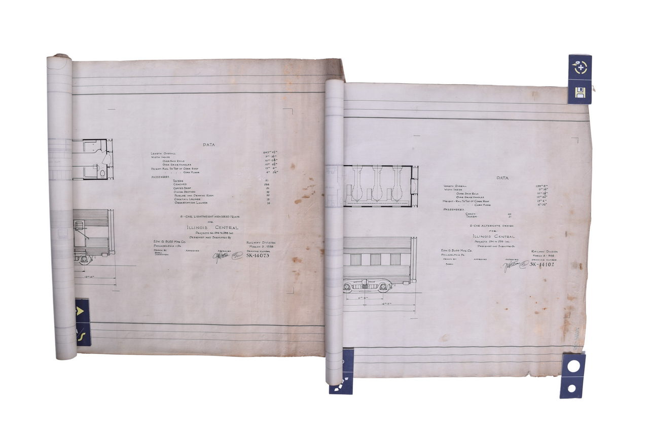 2540 - 1938 Budd Company Illinois Central Original Pen Sketches- 8 Car Train Set and Alternative Design. thumbnail
