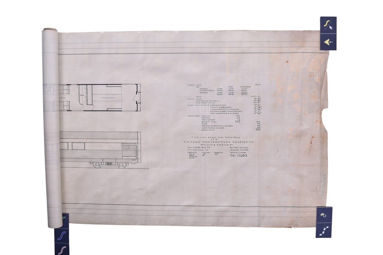 2544 - 1936 Budd Company Chicago and North Western Original Pen Sketches- 7 Car Passenger Train Set thumbnail
