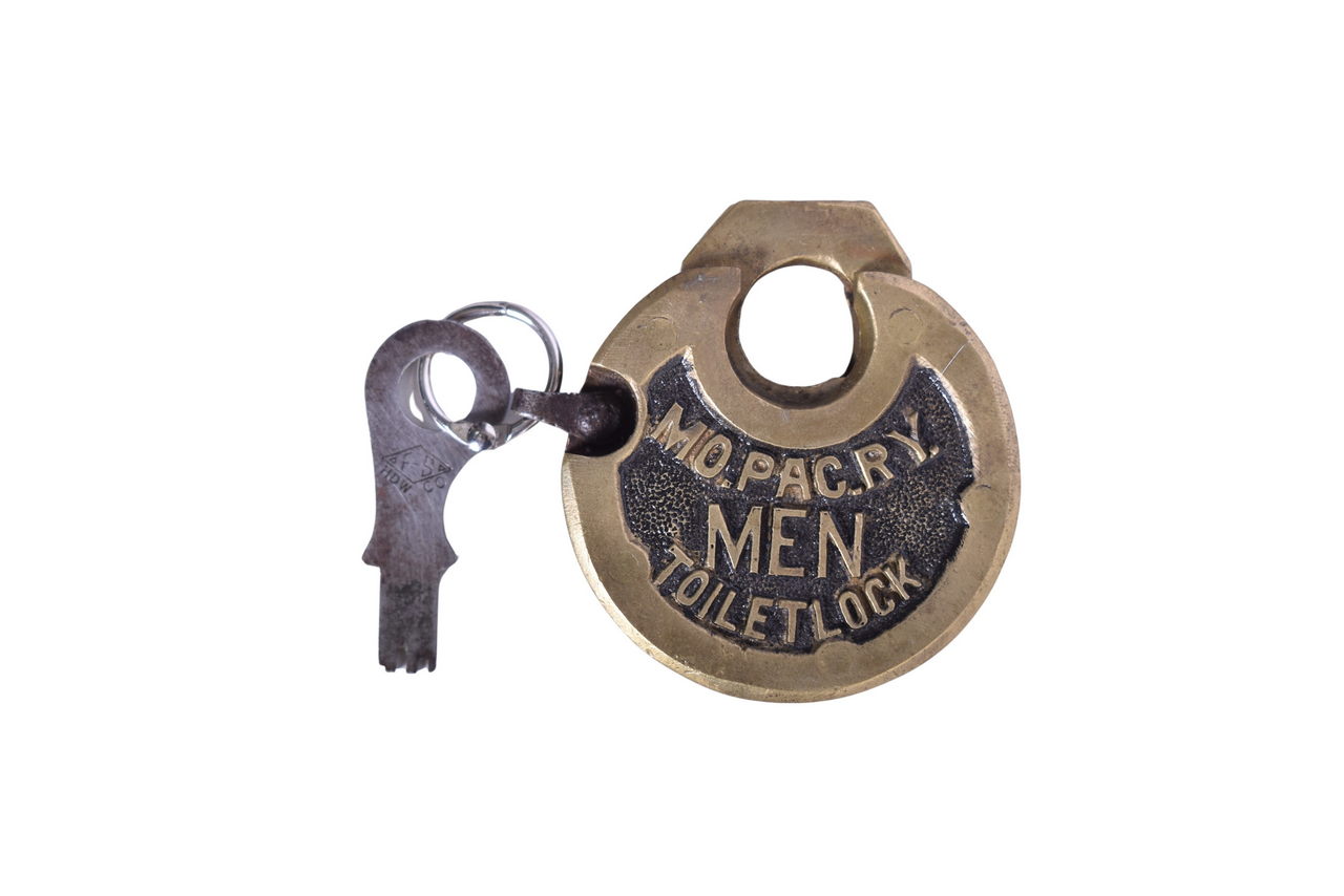 2545 - Missouri Pacific Railroad Men Toilet Six Lever Brass Pancake Lock w/ Key thumbnail