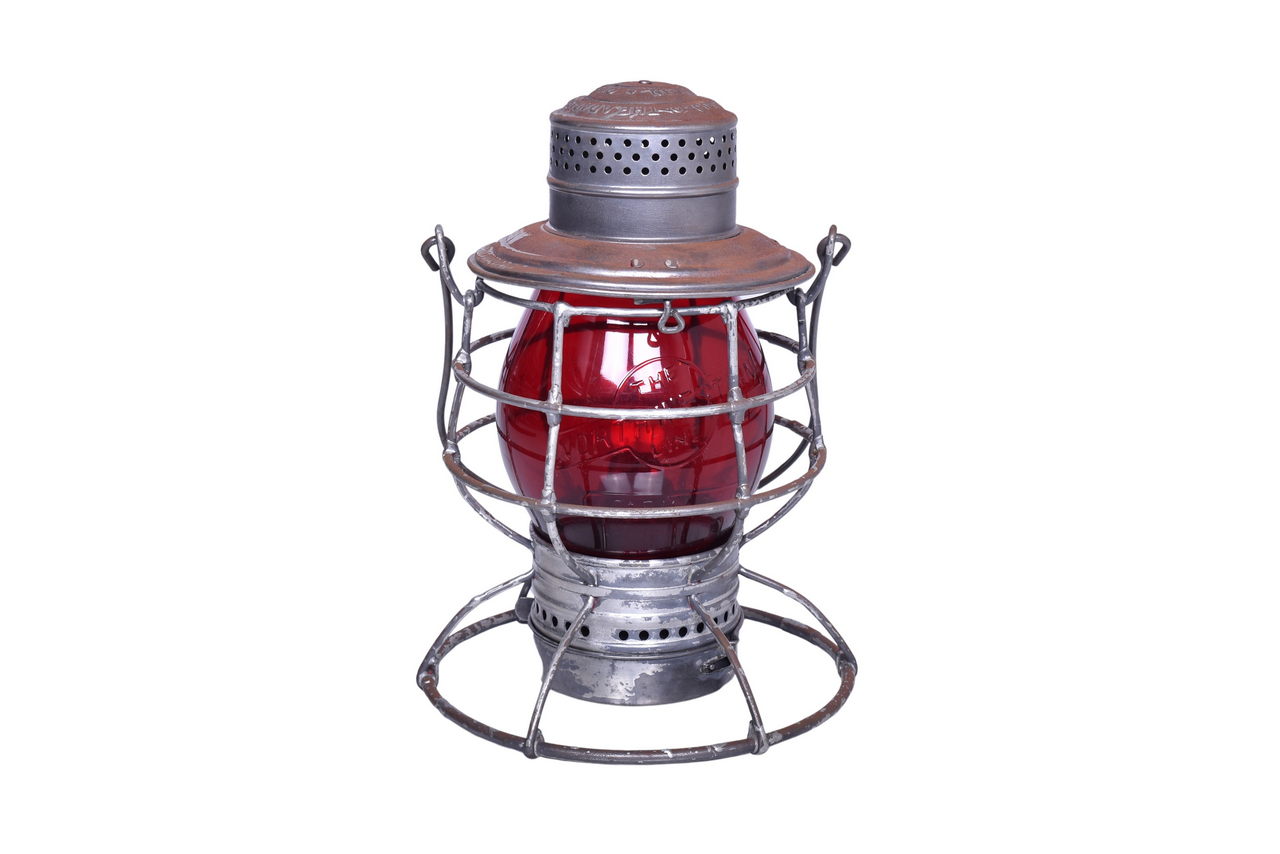 2577 - Adams & Westlake Chicago, St. Paul, Minneapolis and Omaha Railroad Lantern w/ Cast Tall Red Globe thumbnail