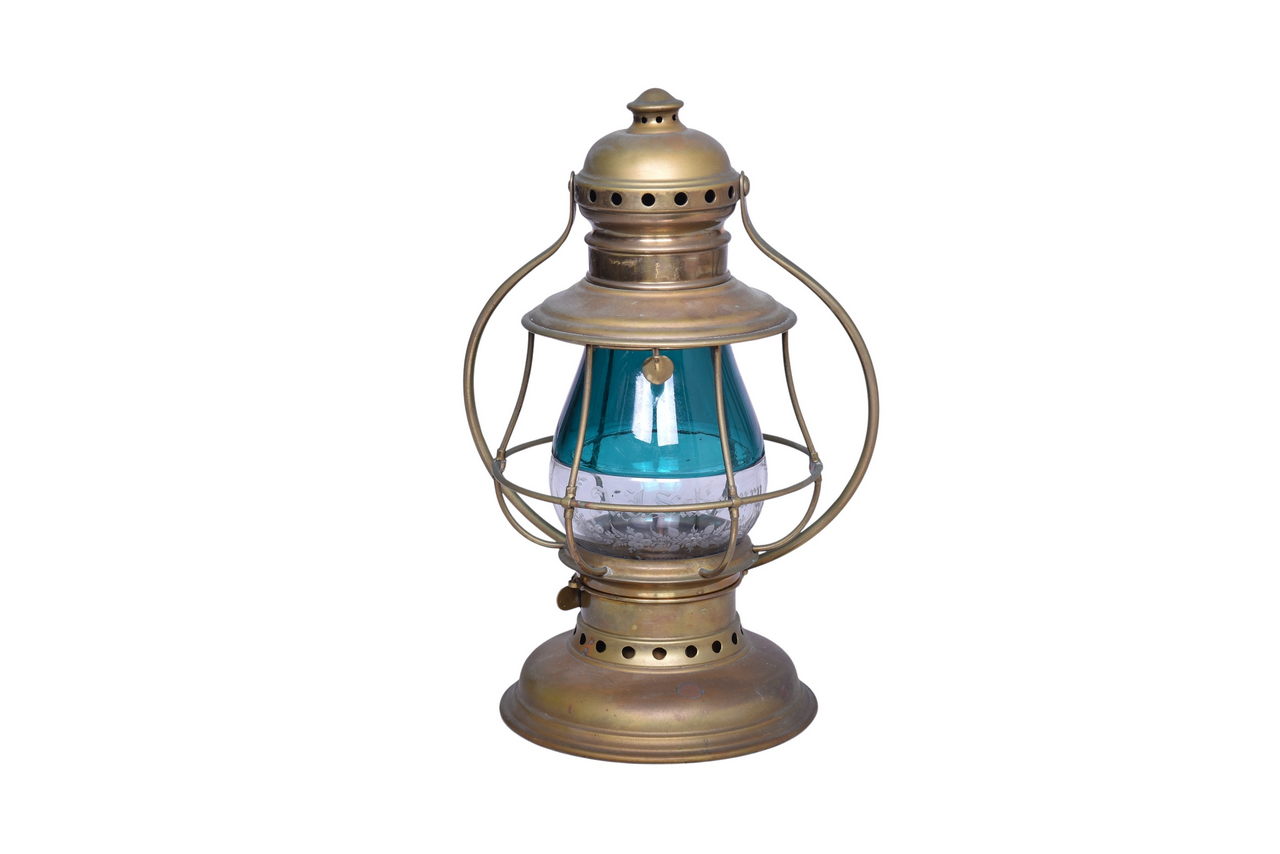 2599 - C.T. Ham Conductors Presentation Brass Lantern w/ Etched Teal Green Over Clear 2 Color Globe thumbnail