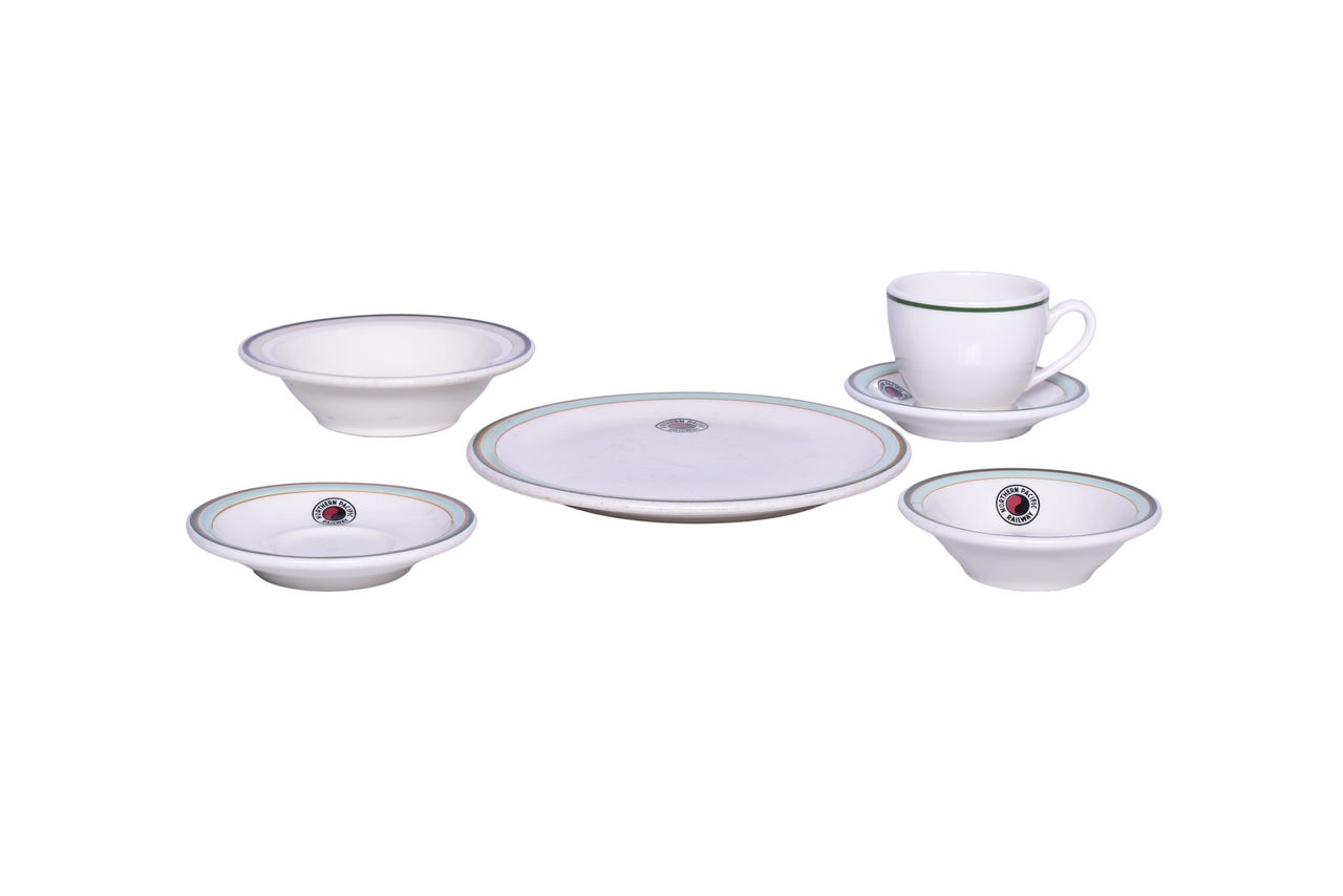 2601 - Five Pieces of Northern Pacific Railroad China Monad Dinner Plate, Saucers, Sauce Bowl, Northwest Bowl, and Unmarked Cup thumbnail