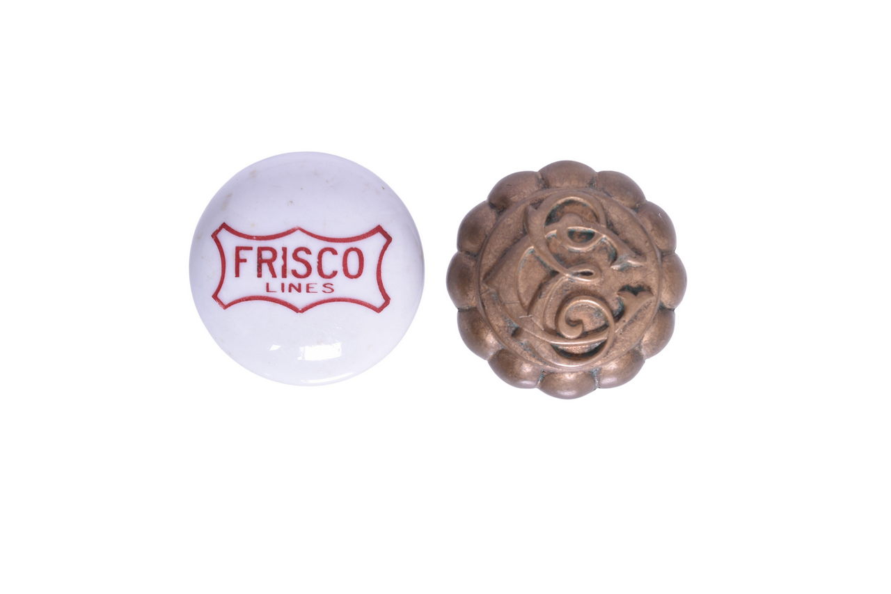 2644 - Frisco Lines Railroad White Ceramic Door Knob and CE Monogram Brass Door Knob thumbnail