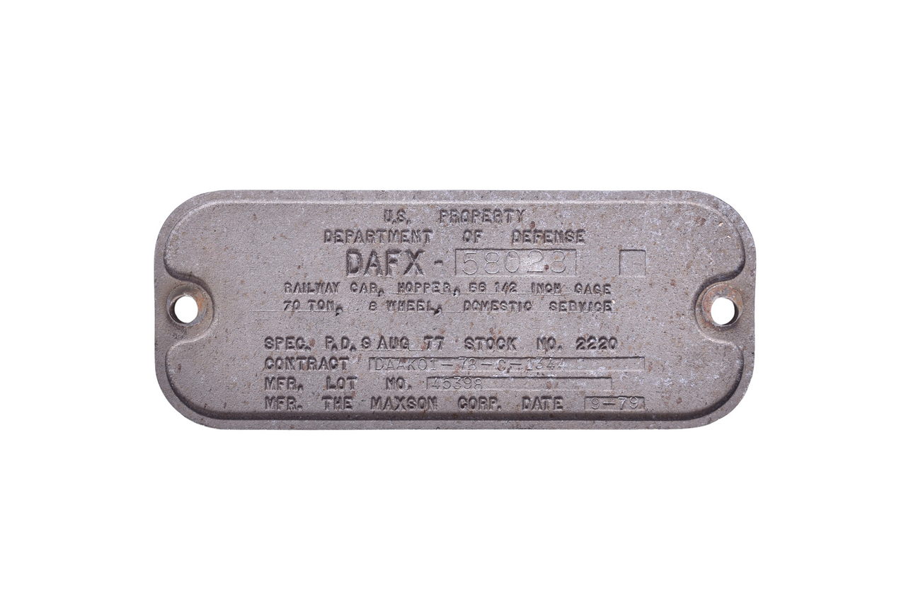 2647 - Department of Defense / Air Force 70 Ton Railroad Hopper Aluminum Builders Plate thumbnail