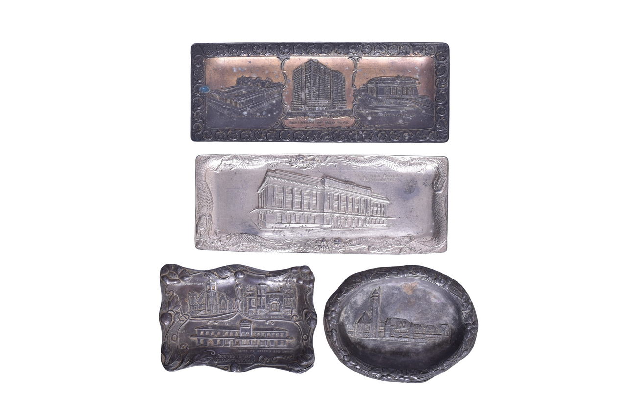 2648 - Four Antique Cast Metal Ashtrays Embossed w/ Railroad Stations - Santa Fe, New York, St. Louis, and Baltimore thumbnail