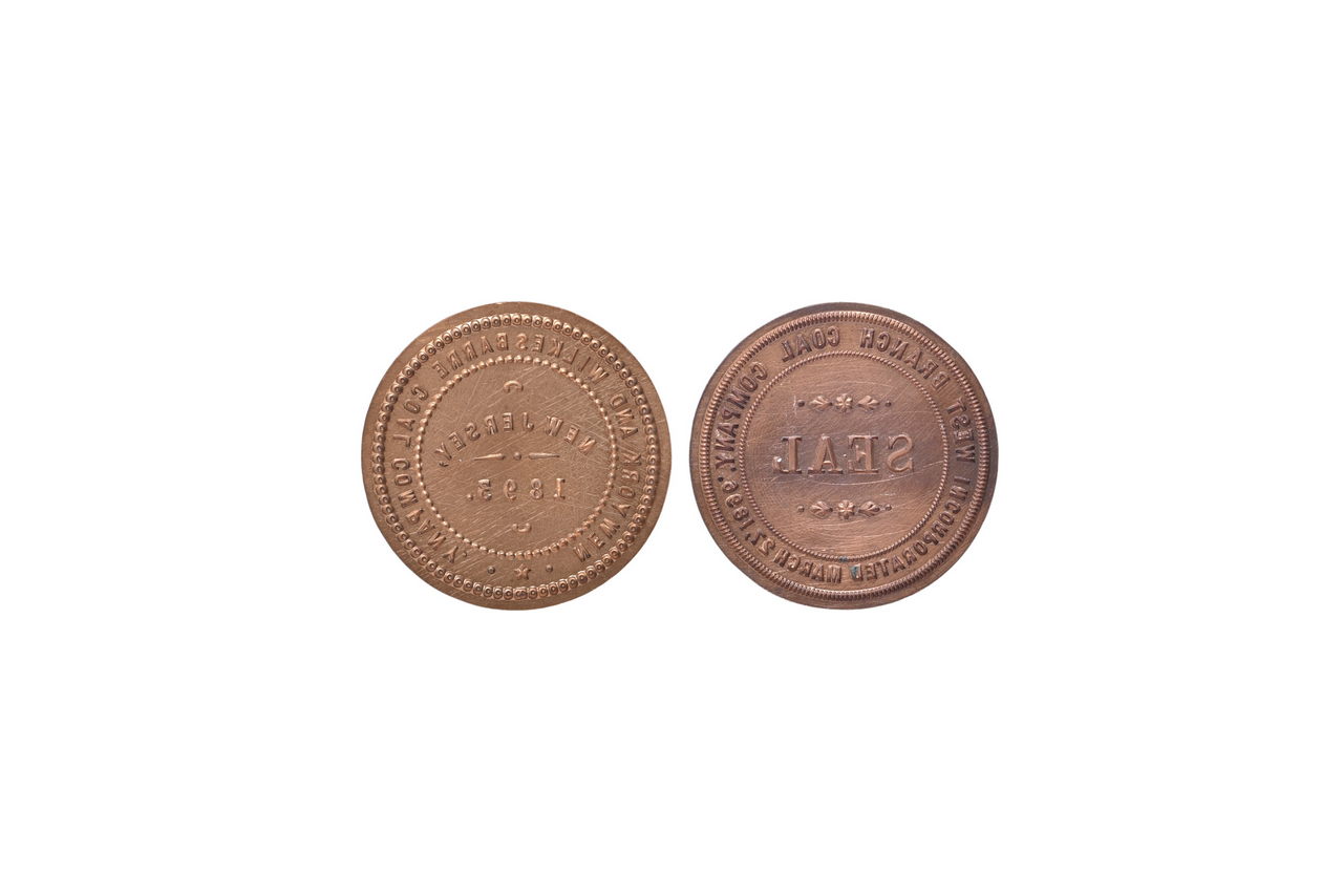 2656 - Pair of Brass Railroad Coal Corporate Seal Stamps - 1893 New York and Wilkesbarre Coal Company thumbnail
