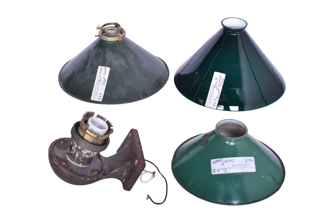 2664 - Trio of Rock Island Railroad Depot Lampshades and Wall-Mounted Light Fixture thumbnail