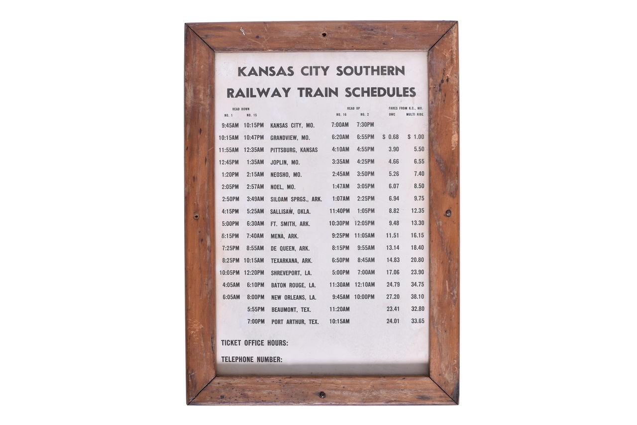 2665 - Framed Kansas City Southern Railway Train Schedules Depot Sign thumbnail