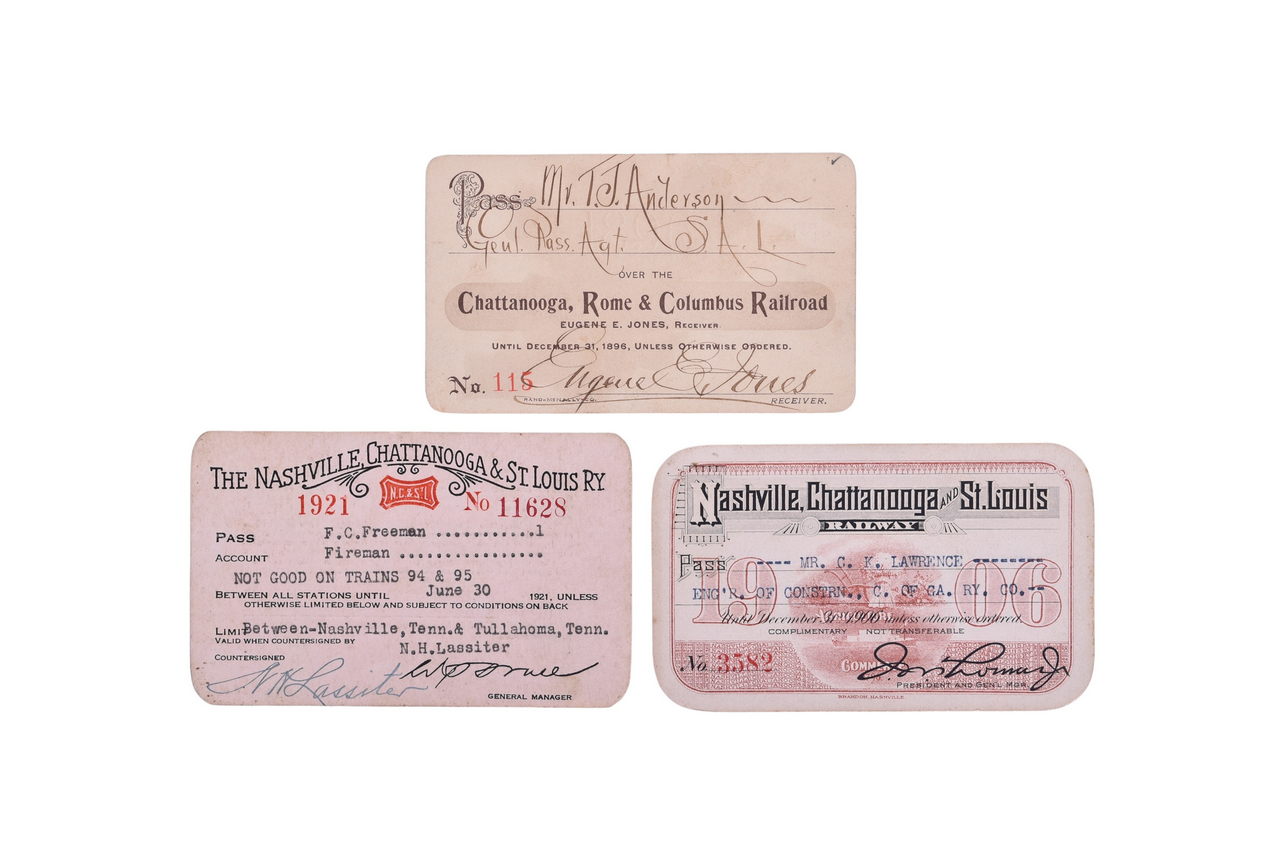 2672 - Three Annual Passes From Tennessee Railroads - Chattanooga, Rome & Columbus and Nashville, Chattanooga & St. Louis thumbnail