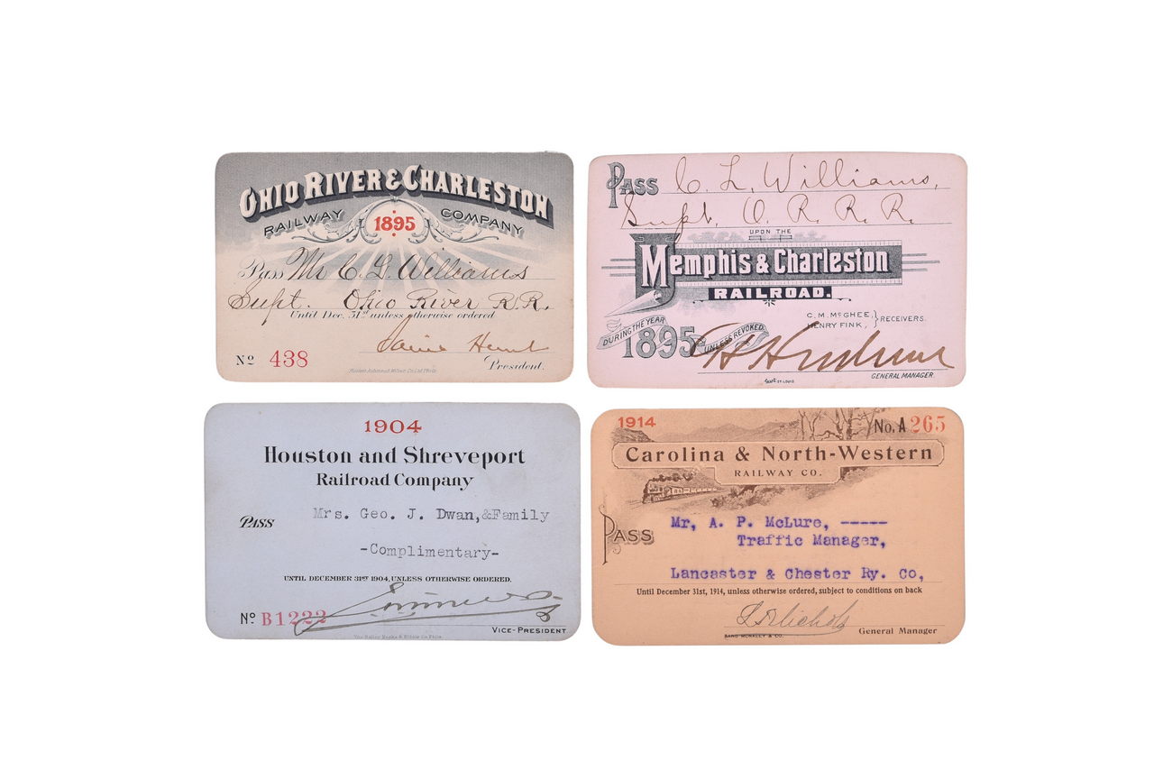 2674 - Four Southern Railroad Annual Passes - Ohio River & Charleston, Memphis & Charleston, Carolina & North-Western, and Houston & Shreveport thumbnail