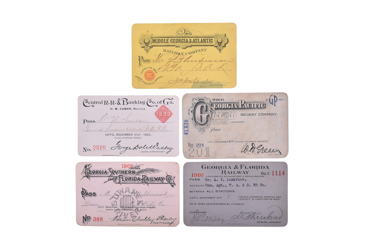 2676 - Five Georgia Railroad Annual Passes - Central RR & Banking Co., Georgia Pacific, Middle Georgia & Atlantic, and More thumbnail