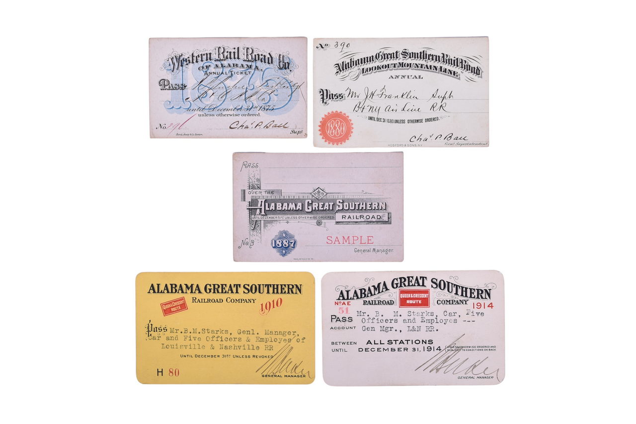 2691 - Five Alabama Railroad Annual Passes Including Sample - Western Railroad Co. of Alabama and Alabama Great Southern thumbnail