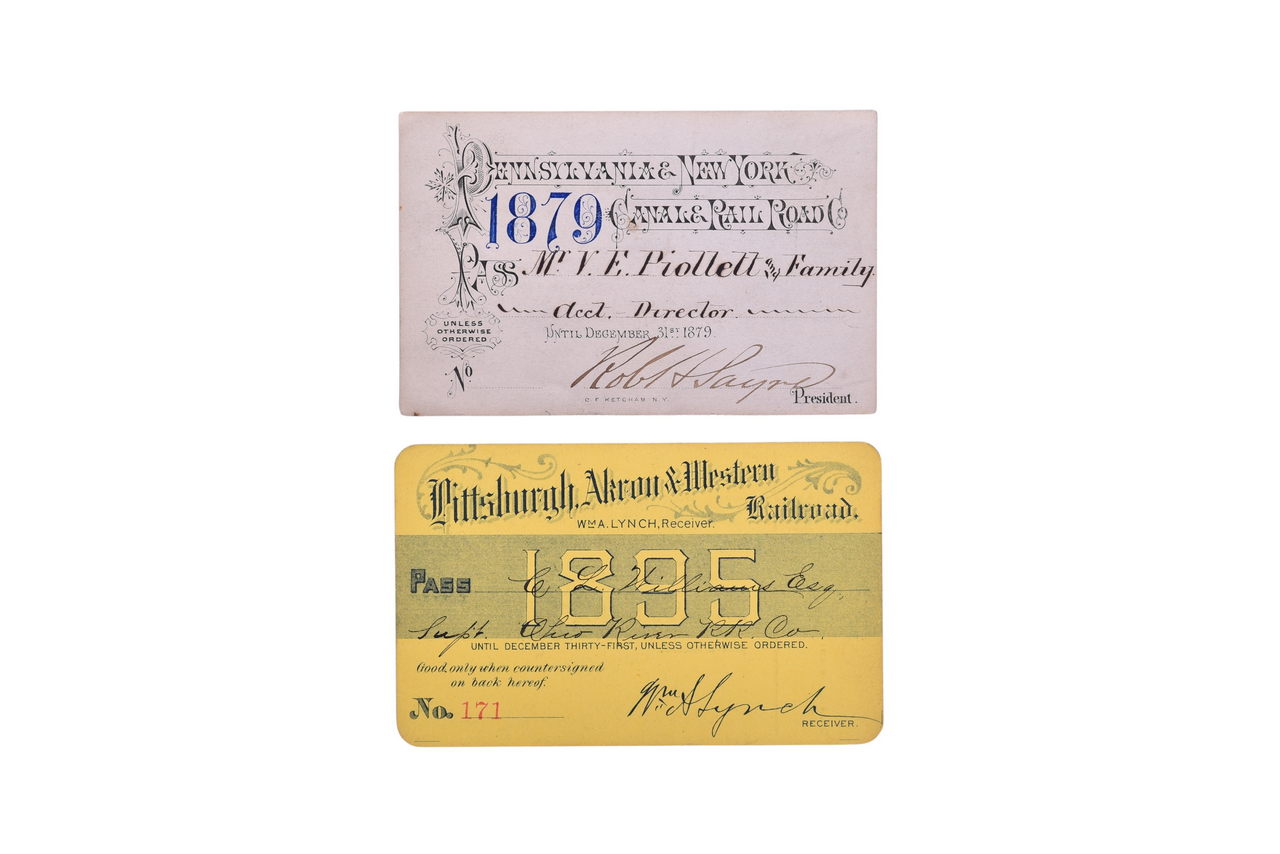 2693 - Pair of Annual Passes From Pennsylvania Railroads - 1879 Pennsylvania & New York Canal & RR Co. and 1895 Pittsburgh, Akron & Western Railroad thumbnail