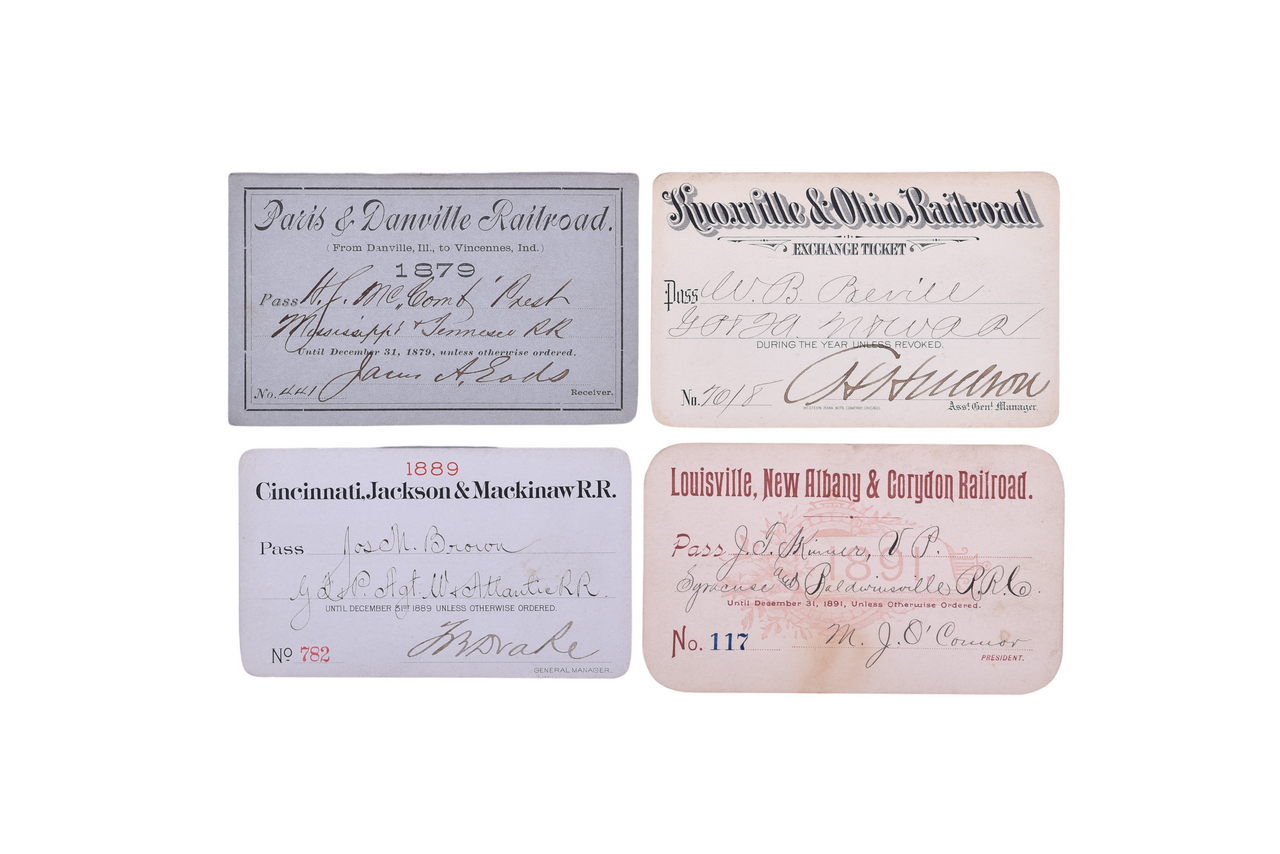2695 - Four Midwest Railroad Annual Passes - Paris & Danville, Knoxville & Ohio, Cincinnati, Jackson & Mackinaw, and Louisville, New Albany & Corydon thumbnail