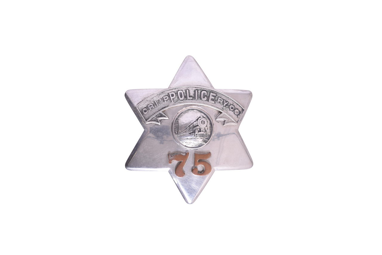 2701 - Early Chicago, Rock Island & Pacific Railway Police Pie Plate Badge No. 75 thumbnail