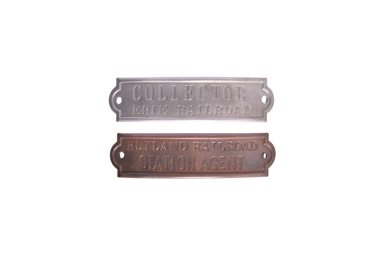 2721 - Pair of Northeast Railroad Cap Badges - Rutland Station Agent and Erie Collector thumbnail