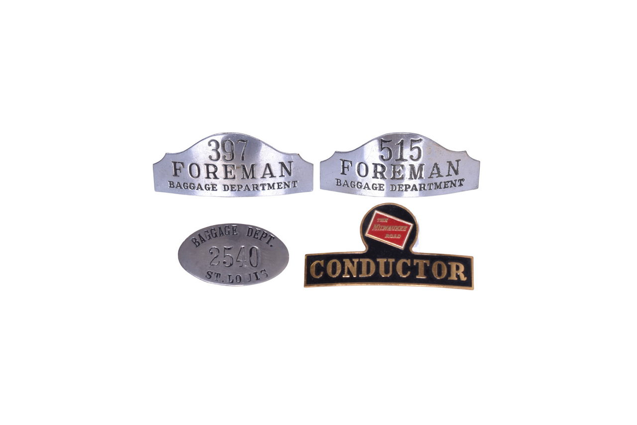 2723 - Four Midwest Railroad Cap and Uniform Badges - Milwaukee Road Conductor and Baggage Department Foreman thumbnail