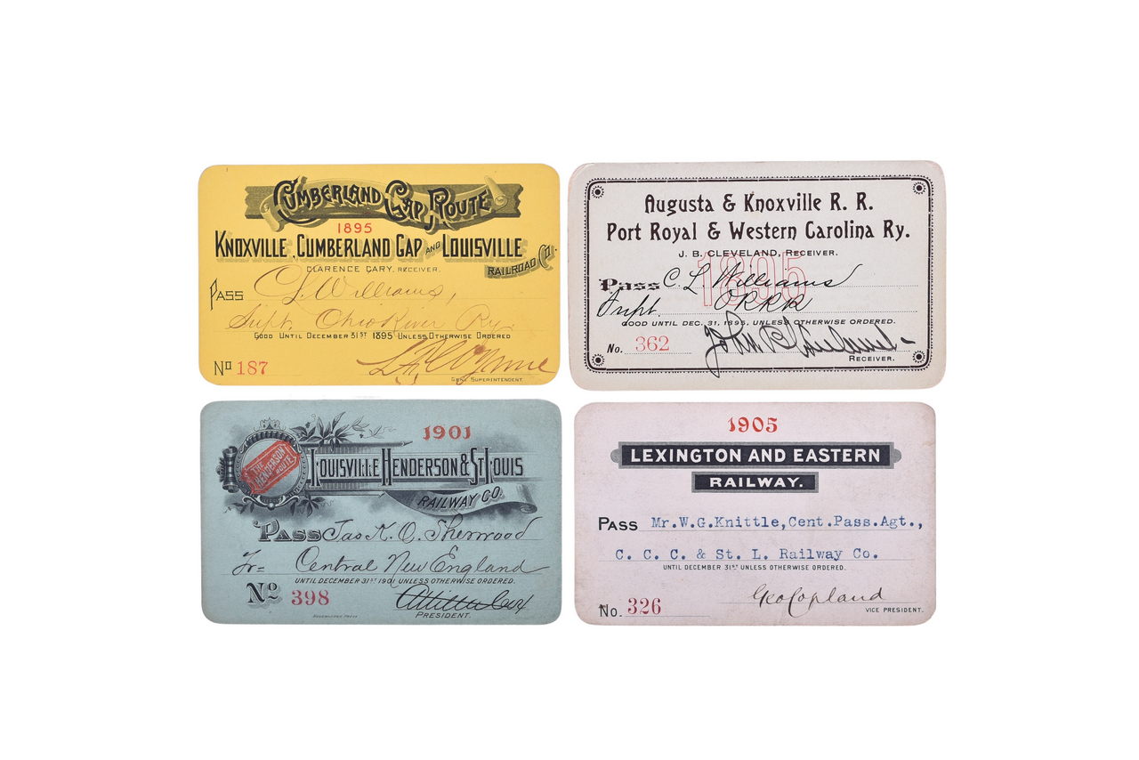 2697 - Four Southeastern Railroad Annual Passes - Knoxville Cumberland Gap & Louisville, Augusta, Knoxville, Henderson Route, and Lexington & Eastern thumbnail