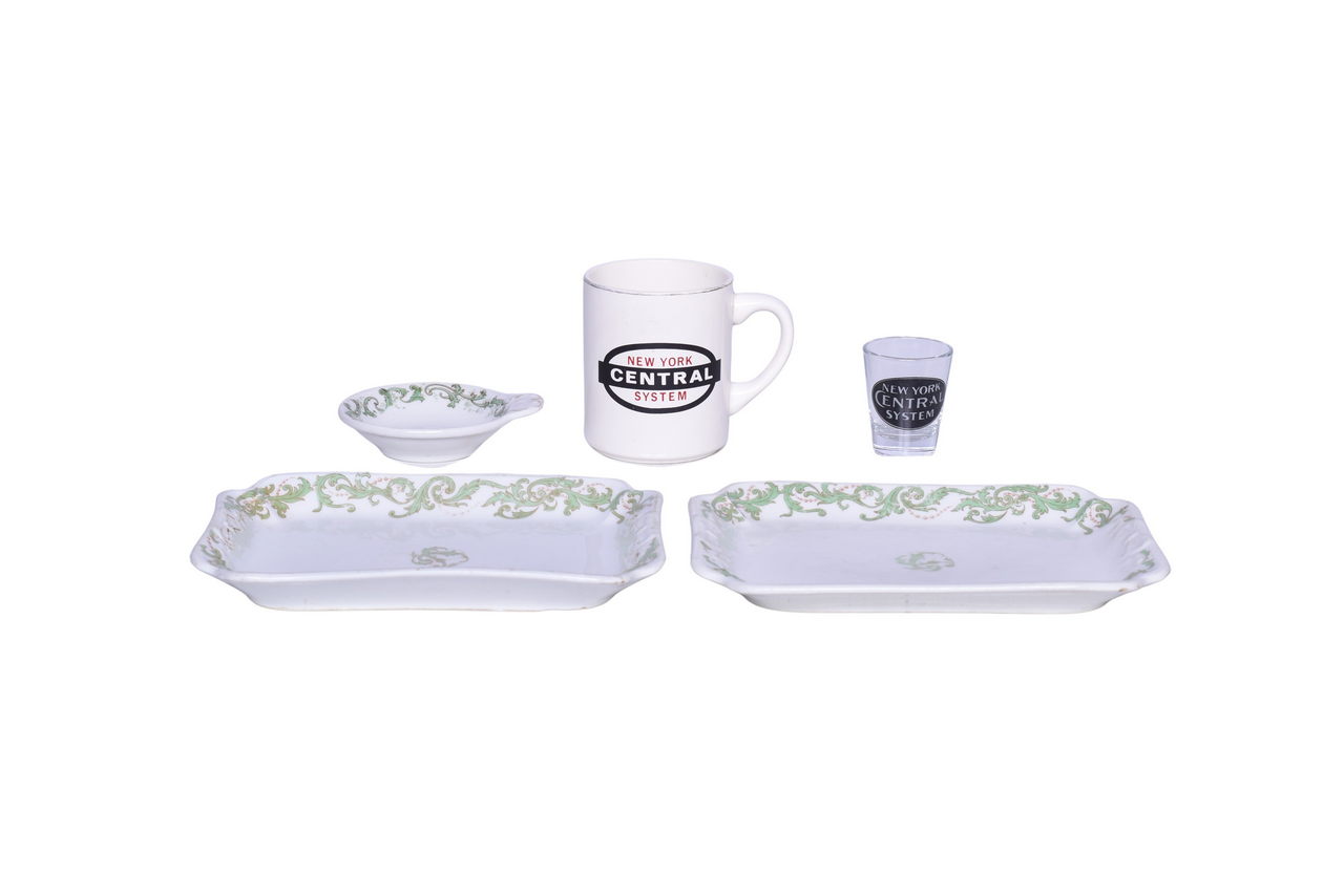 3001 - Five Pieces of New York Central Railroad Hudson China Platters, Ice Cream Shell, Fantasy Coffee Mug, and Shot Glass thumbnail