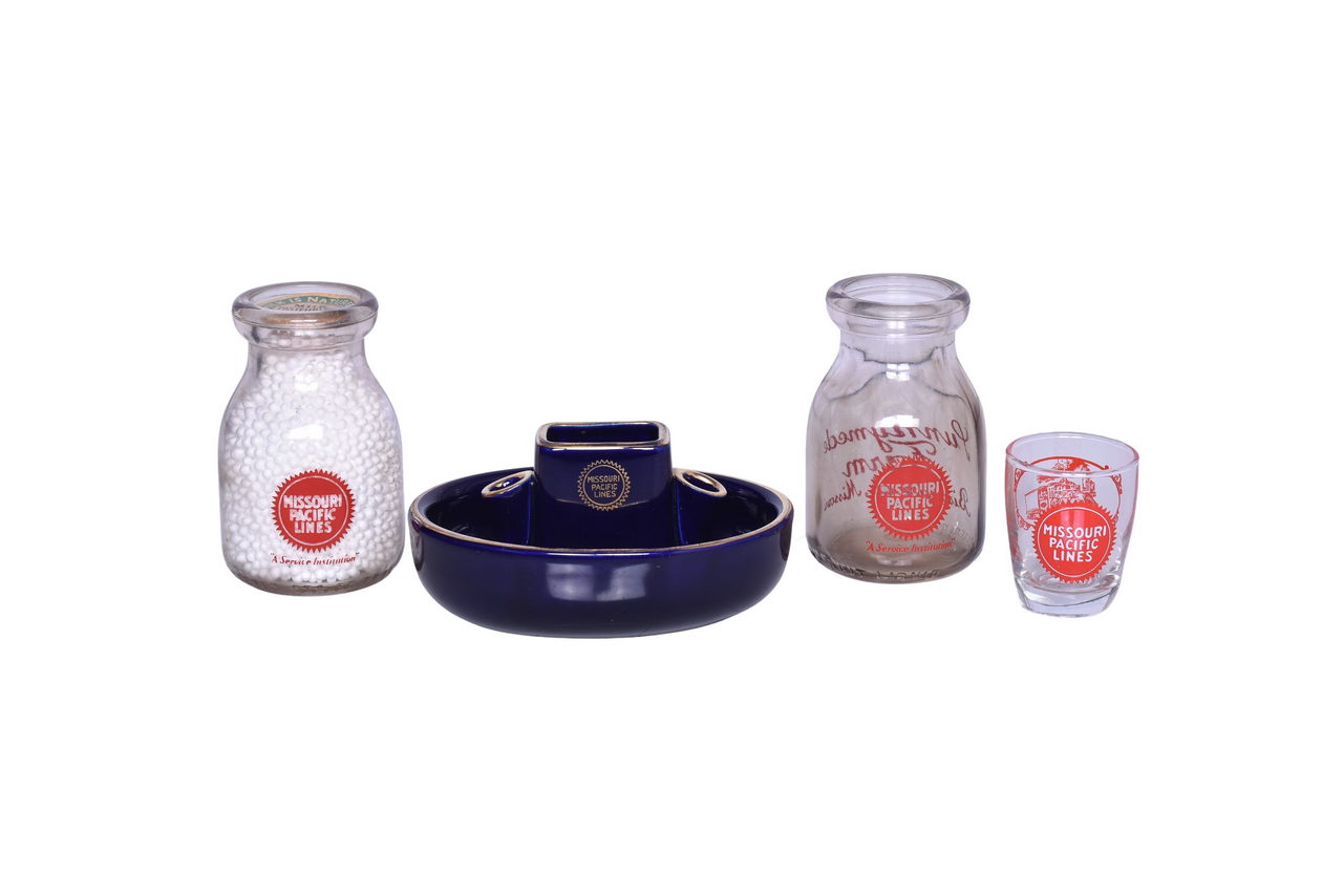 3009 - Missouri Pacific Railroad Hall Cobalt Ashtray, Duraglass Milk Bottles, and Fantasy Shot Glass thumbnail
