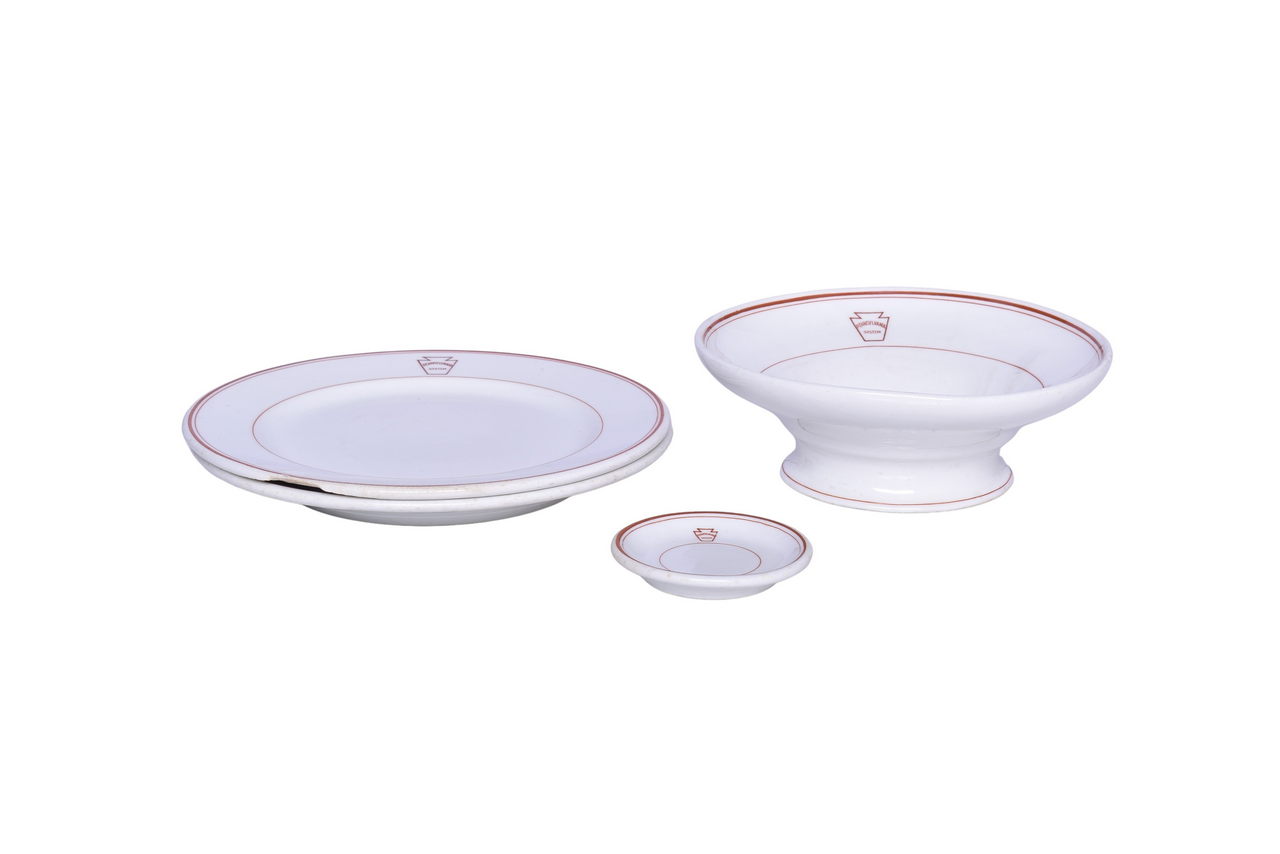 3031 - Four Pieces of Pennsylvania Railroad Liberty China Pedestal Compote, Dinner Plates, and Butter Pat thumbnail