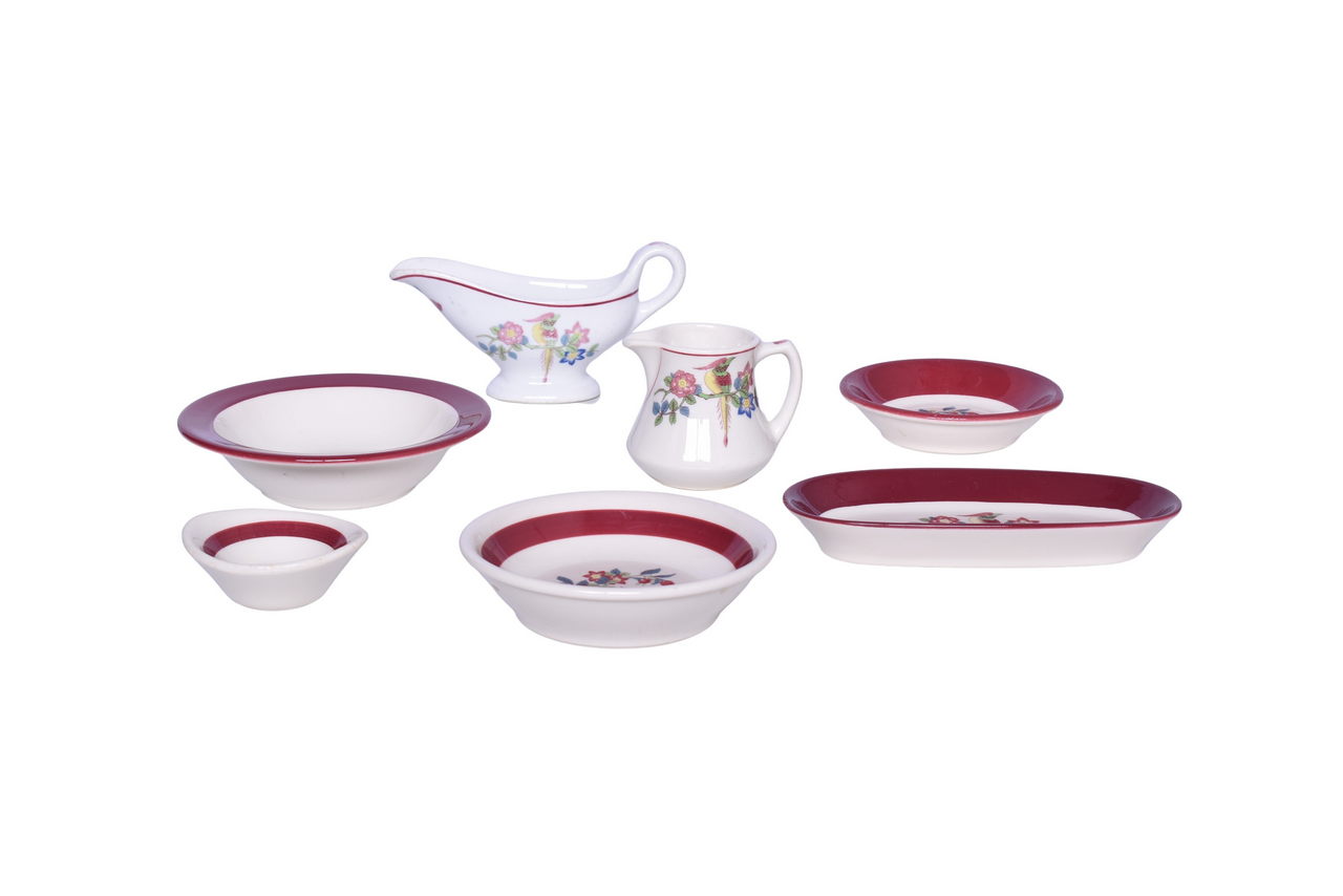 3051 - Seven Pieces of Norfolk & Western Railroad China Yellow Bird - Relish Tray, Bowls, Sauce Boat, Finger Bowl, and Creamer thumbnail