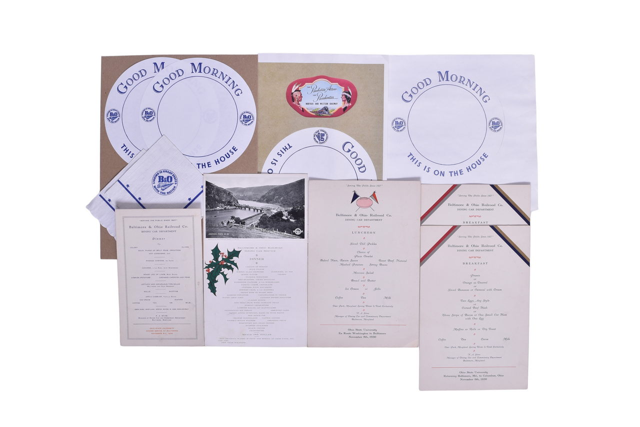 3055 - Group of Baltimore & Ohio Railroad 1930 Ohio State University Special Menus, Post Card Menu, Napkins, and Paper Doilies thumbnail