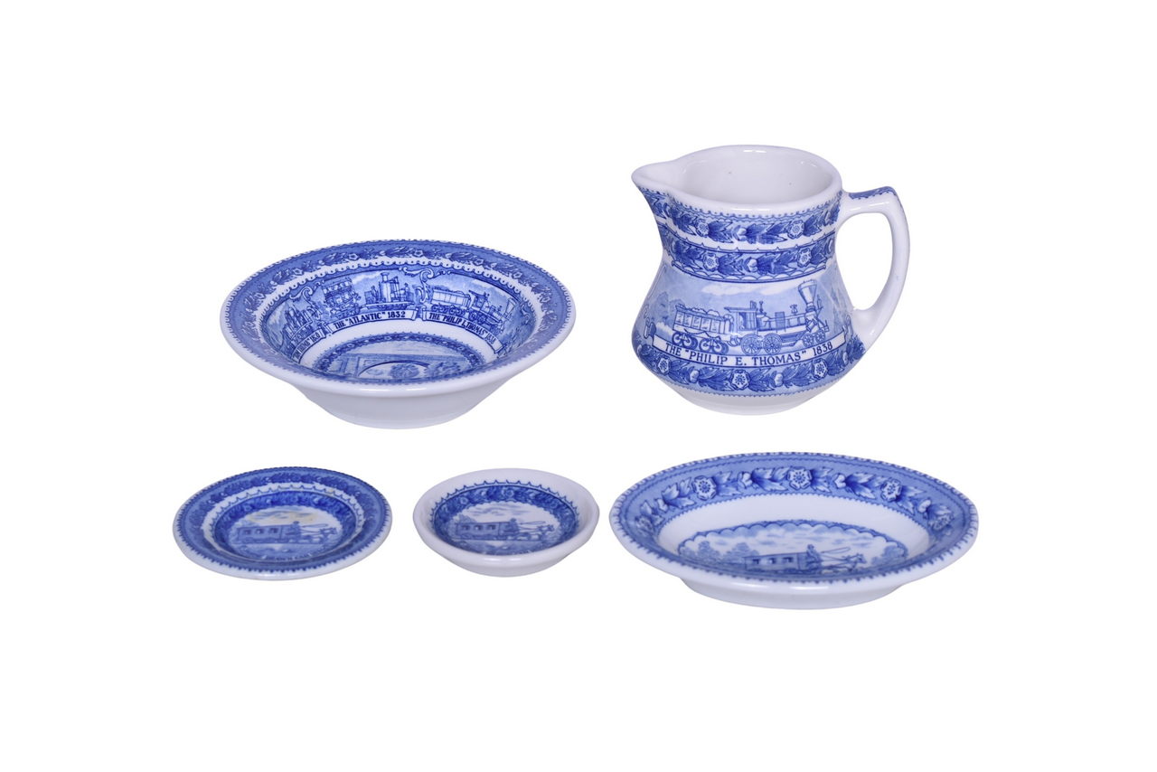 3057 - Five Pieces of Baltimore & Ohio Railroad Centenary China - Creamer, Butter Pats, Oval Bakers Dish, and Rimmed Bowl thumbnail