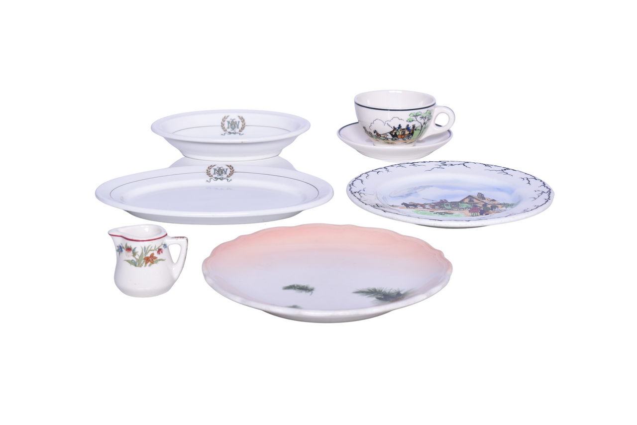 3059 - Seven Pieces of Norfolk and Western Railroad China - Bristol Oval Platter, Yellow Bird Creamer, Coach and Four Plate, and More thumbnail