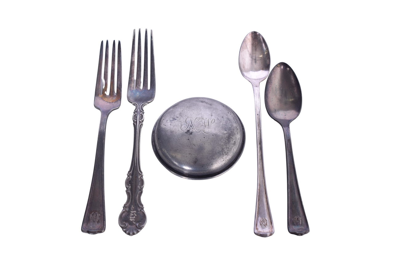 3067 - Set of Norfolk & Western Railroad Silver Flatware Dinner Forks, Iced Teaspoon, Spoon, and Lid or Cap thumbnail
