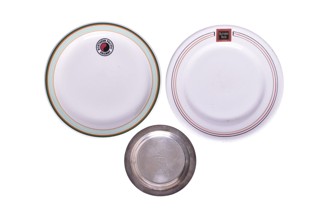 3075 - Three Pieces of Northern Railroad China and Silver - Burlington Aristocrat, Northern Pacific Monad, and Great Northern Butter Pat thumbnail