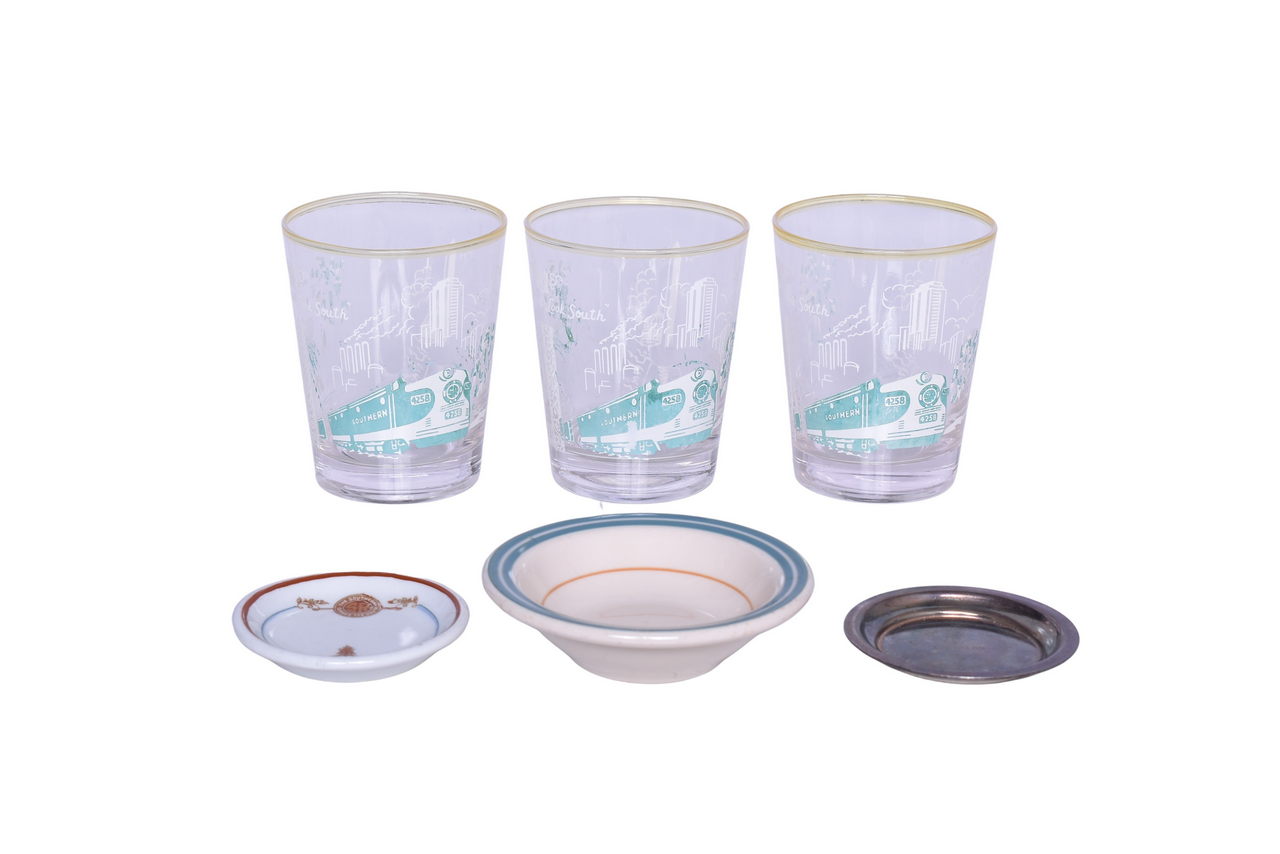 3081 - Group of Southern Railway China, Silver, and Glassware - Peach Blossom, Piedmont, Butter Pat, and High Ball Drinking Glasses thumbnail