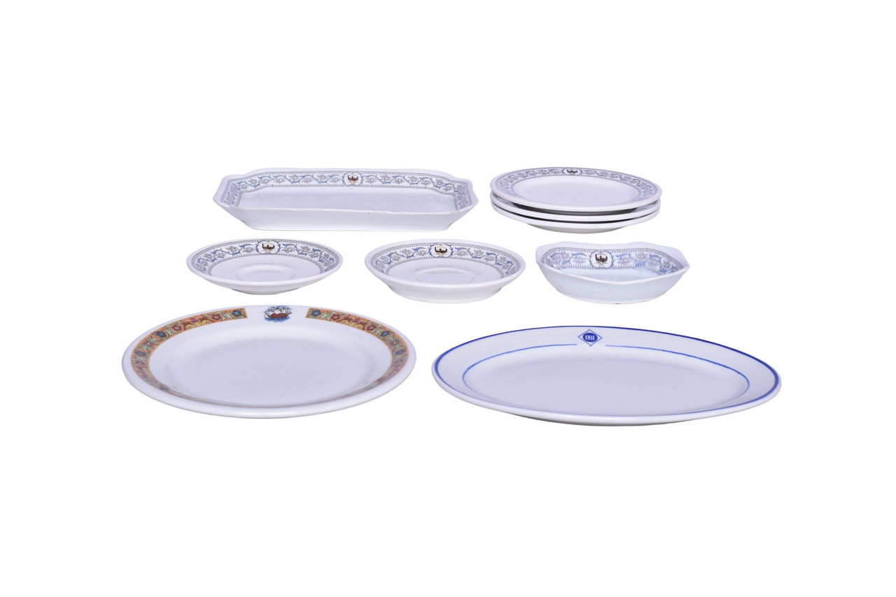 3107 - Nine Pieces of New York Central Railroad and Erie China - DeWitt Clinton, Reproduction Starucca Platter, and Commodore Hotel thumbnail