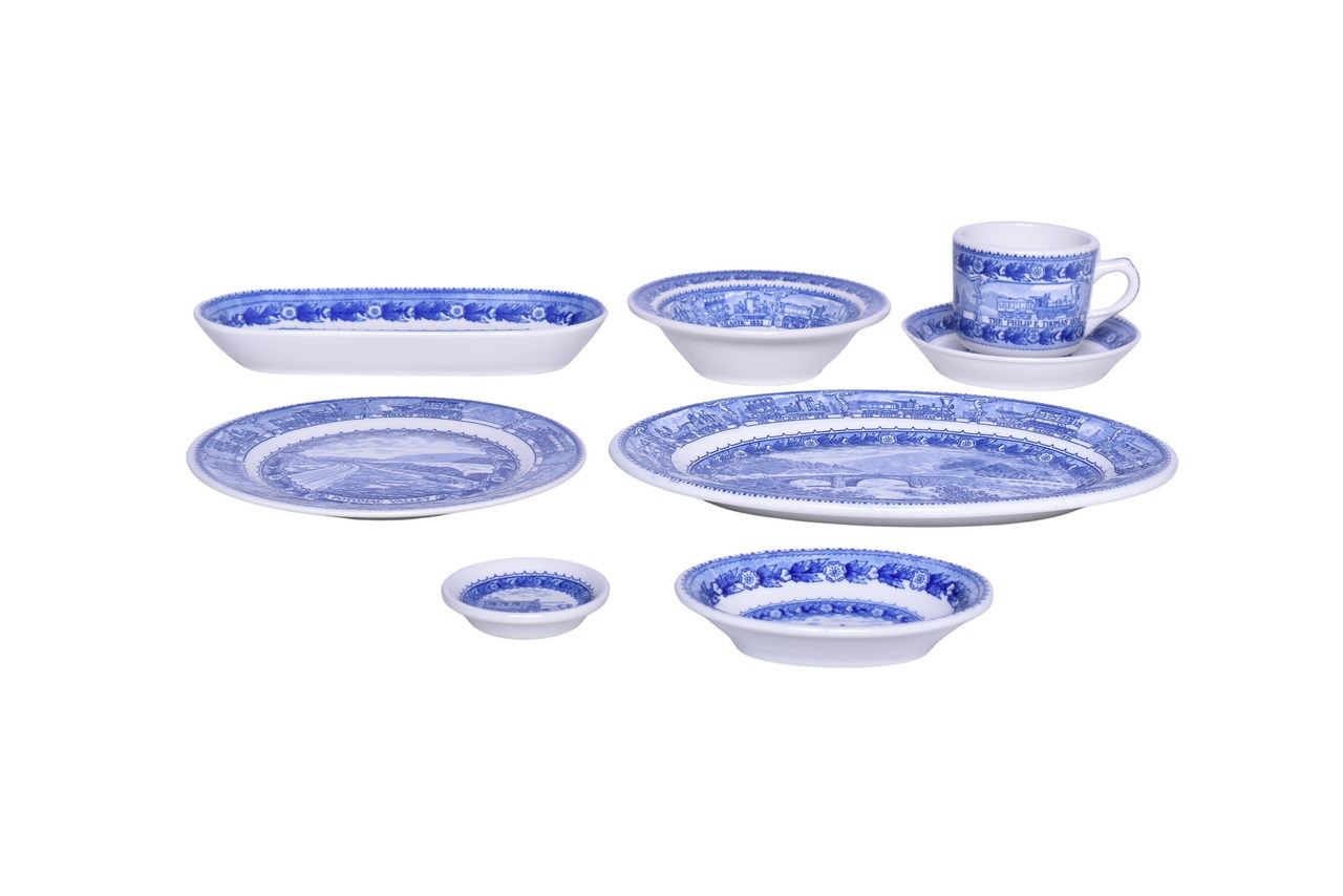 3123 - Eight Pieces of Shenango Baltimore and Ohio Railroad Centenary China - Celery Tray, Oval Platter, Bowl, Butter Pat, and More thumbnail