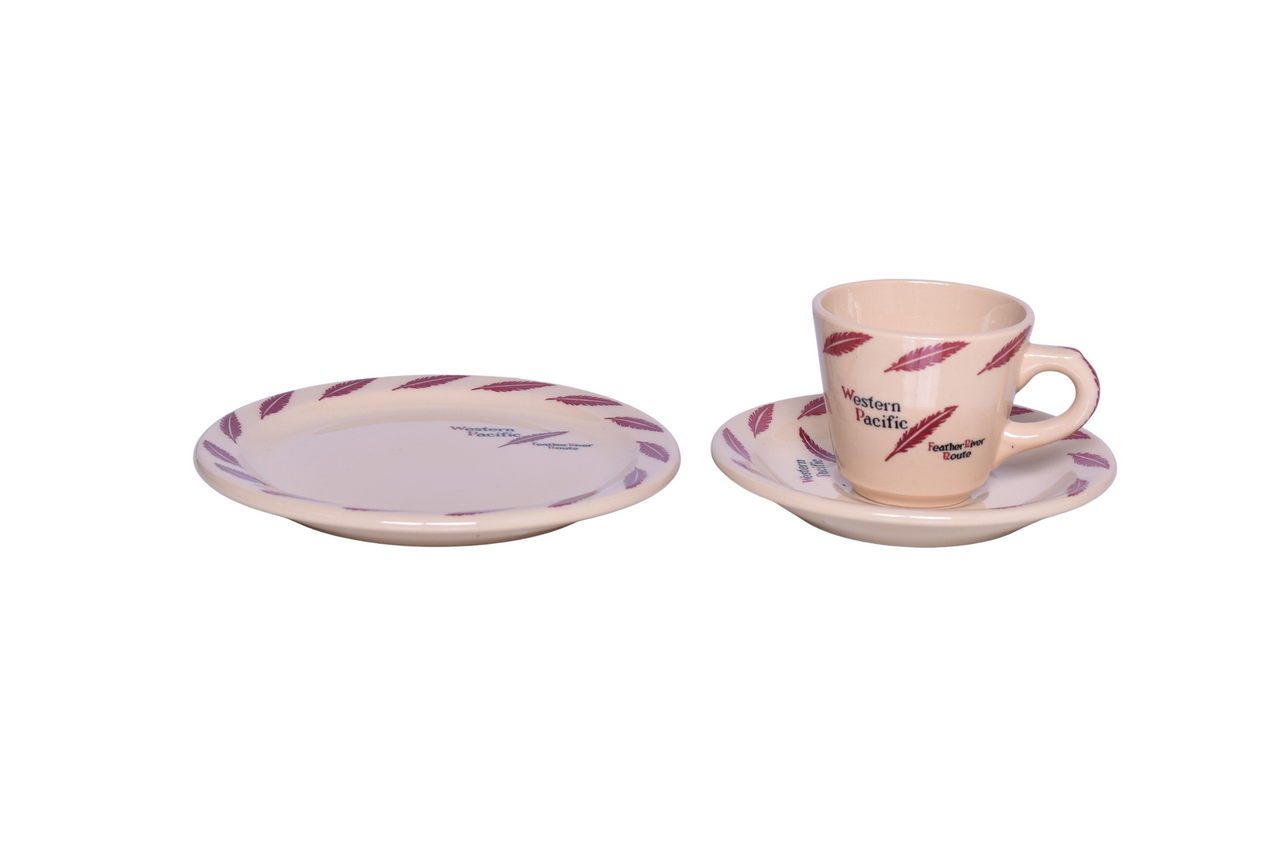 3125 - Three Pieces of Western Pacific Railroad China Feather River Demitasse Cup, Saucer, and Plate thumbnail