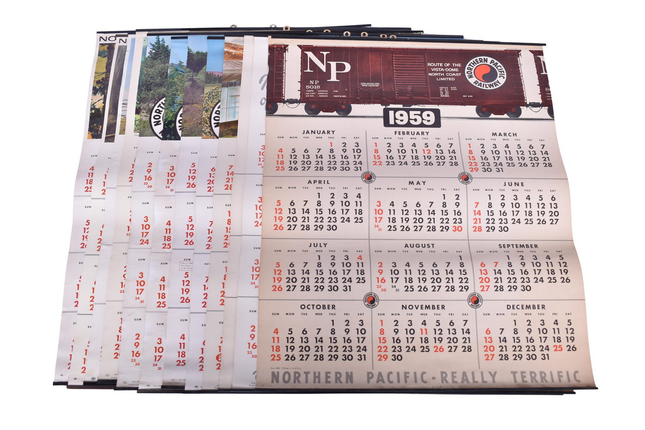 3130 - Thirteen Railroad Wall Calendars - Northern Pacific and Burlington Northern - 1960s, 70s thumbnail