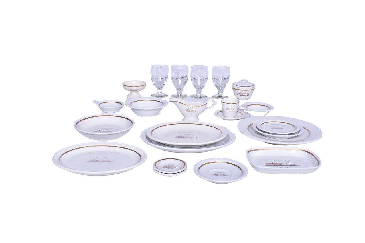 3131 - Twenty-Four Pieces of Union Pacific Railroad China and Glassware - Winged Streamliner Bouillon Cup w/ Lid, Ice Cream Shell, and More thumbnail