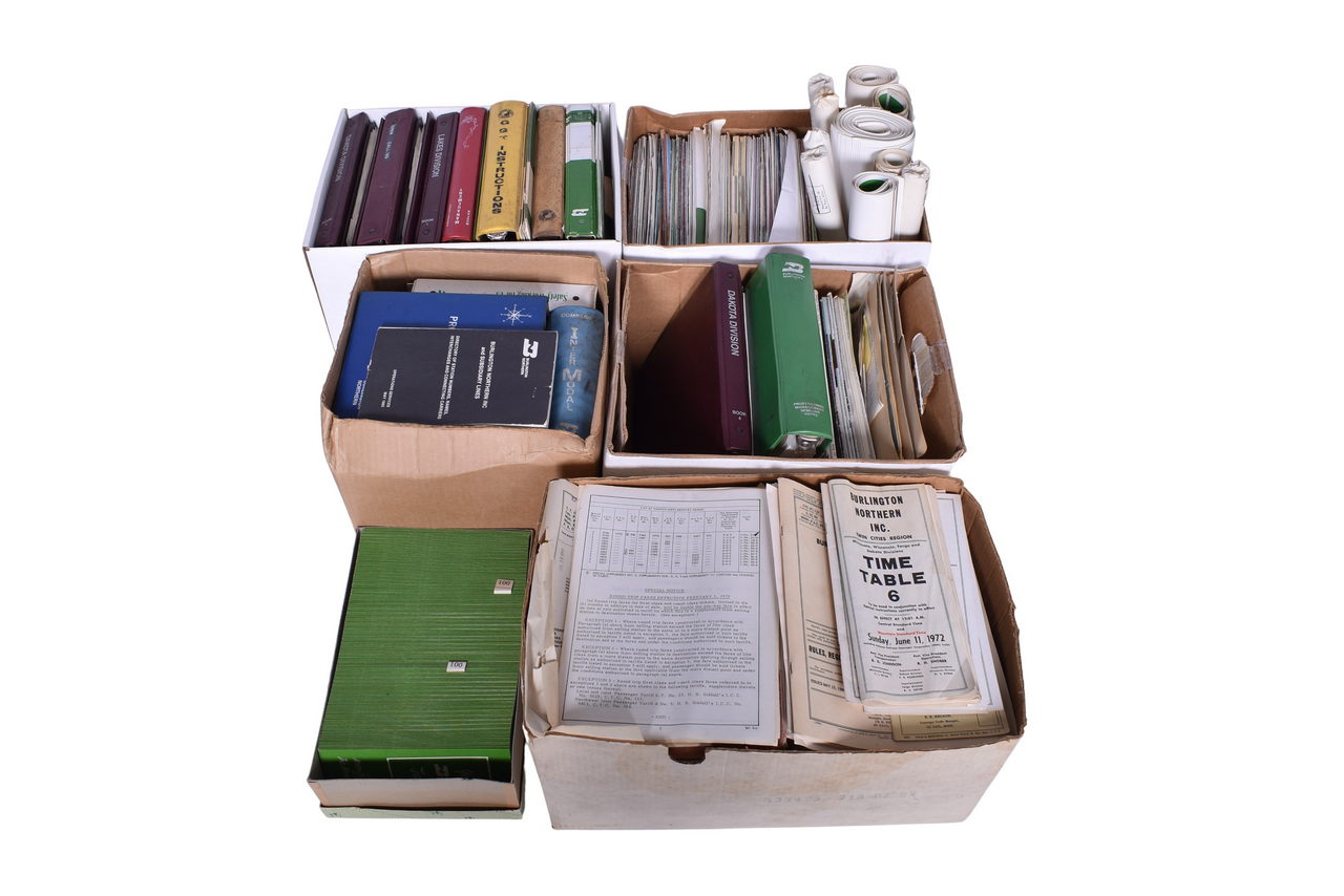 3134 - Four Boxes of Burlington Northern Railroad Paper and Binders - Timetables, Magazines, Etc. thumbnail