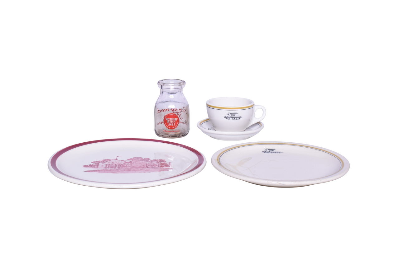 3141 - Five Pieces of Railroad China and Milk Bottle - Missouri Pacific Eagle, Texas & Pacific, and Missouri, Kansas and Texas Alamo thumbnail