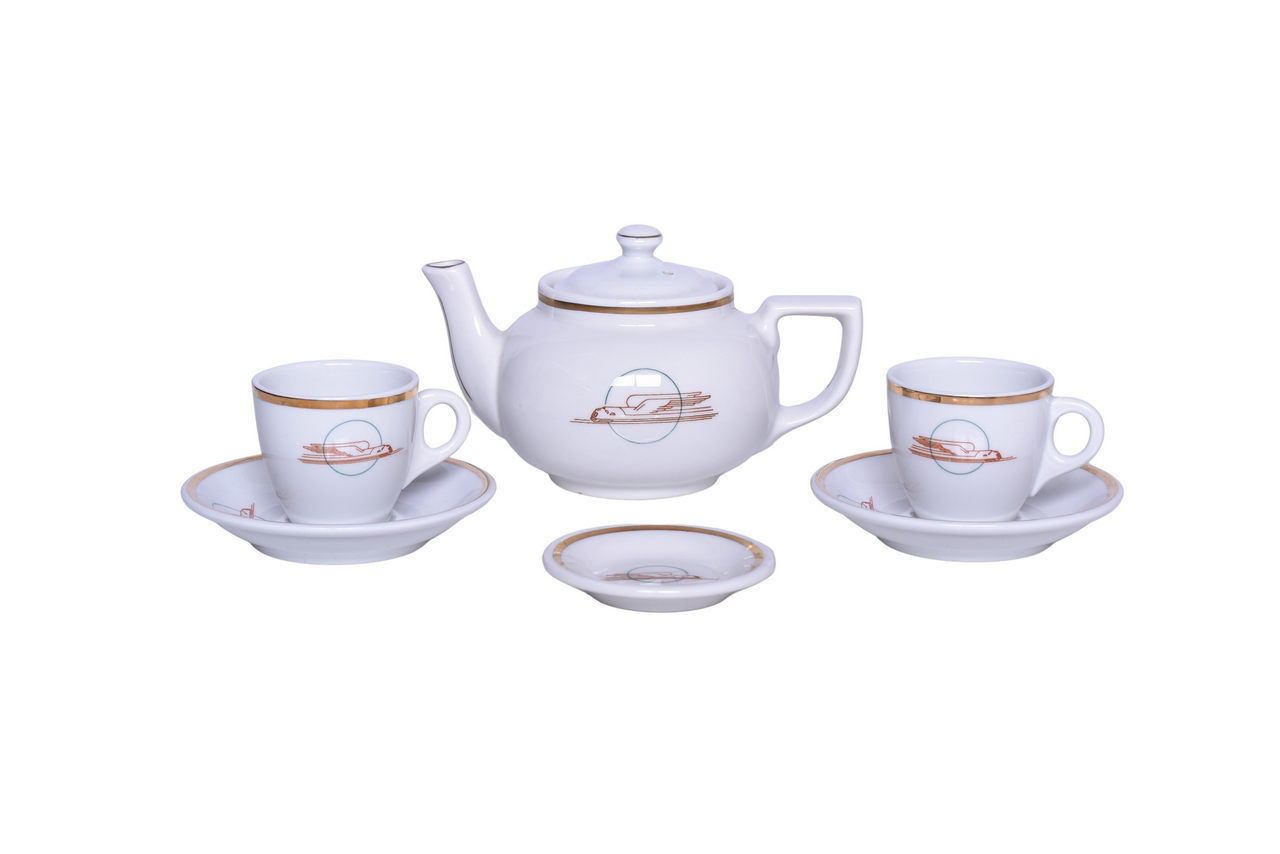 3145 - Six Pieces of Union Pacific Railroad Sterling China Winged Streamliner Teapot, Cups, Saucers, and Butter Pat thumbnail