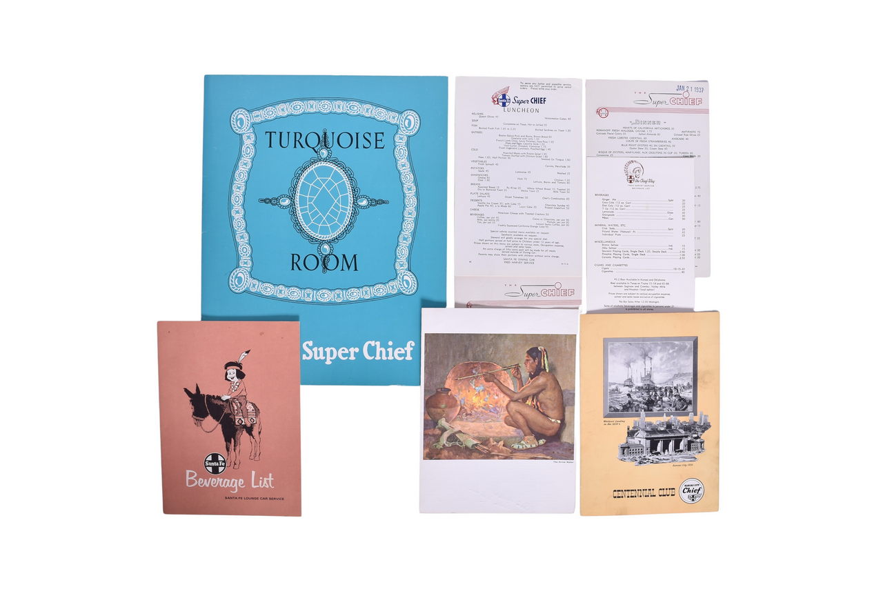 3169 - Eight Santa Fe Railroad Dining Car Menus - Turquoise Room Super Chief, Fred Harvey, Kansas City Centennial Club thumbnail