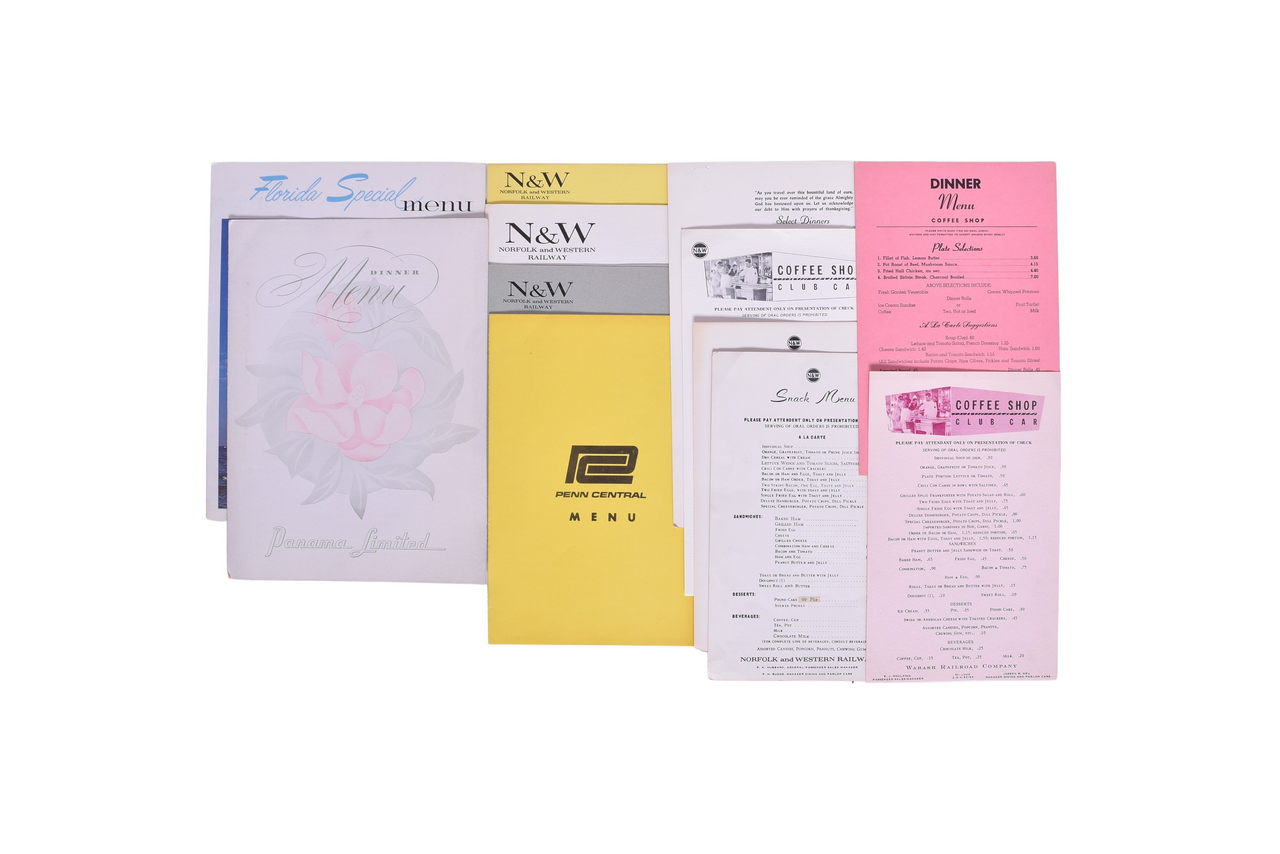 3179 - Thirteen Railroad Menus - Norfolk & Western, Wabash, Illinois Central, Atlantic Coast Line, and Penn Central thumbnail