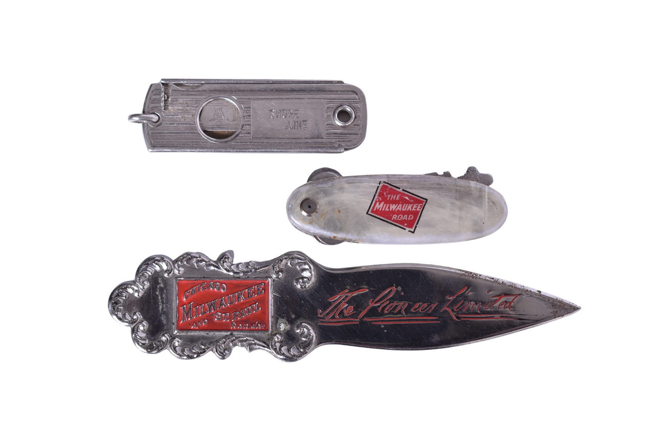 3189 - Milwaukee Road Pioneer Limited Advertising Letter Opener, Key Holder, and Shore Line Pocket Razor thumbnail